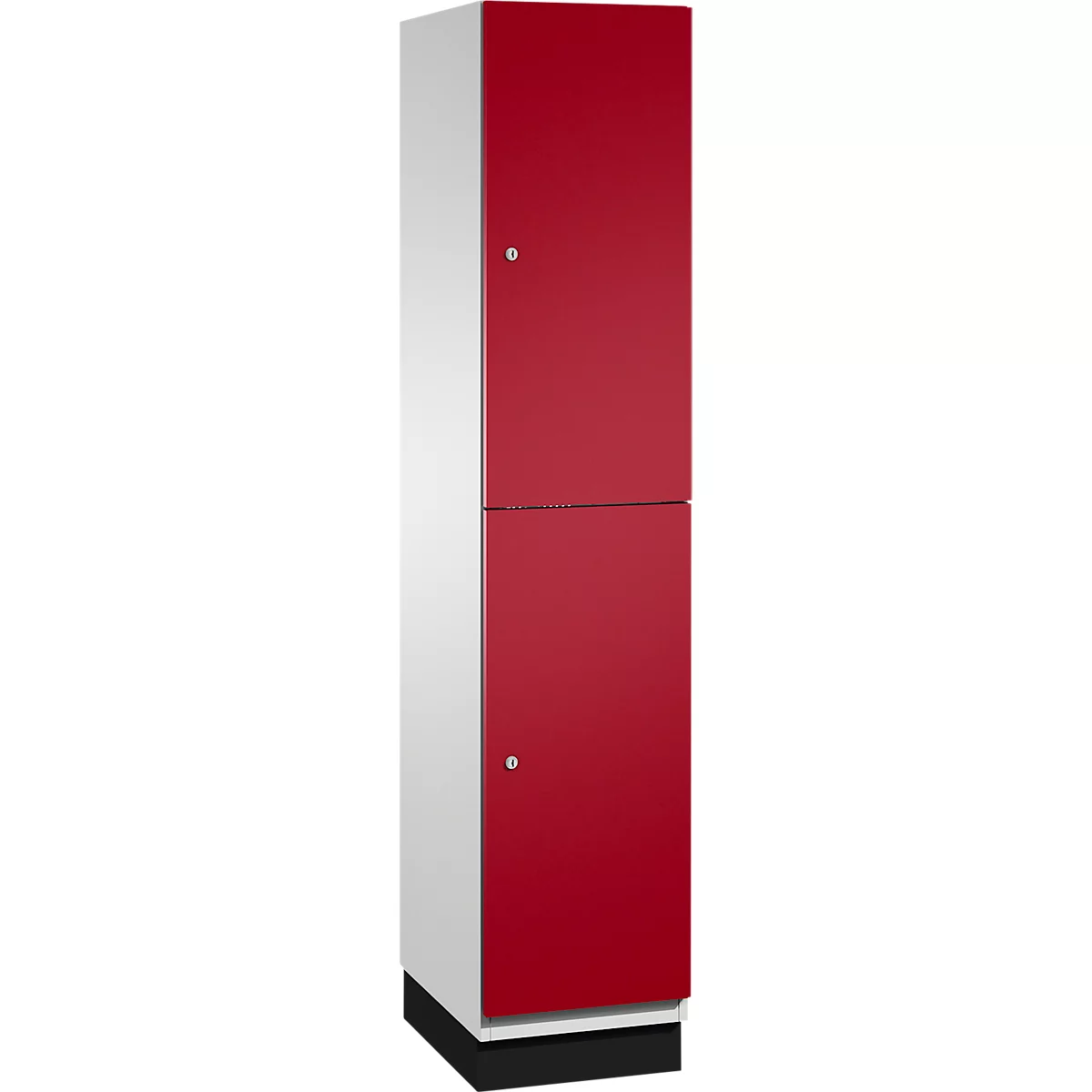 Un casier bicolore, blanc et rouge. Il possède deux portes et une base noire.