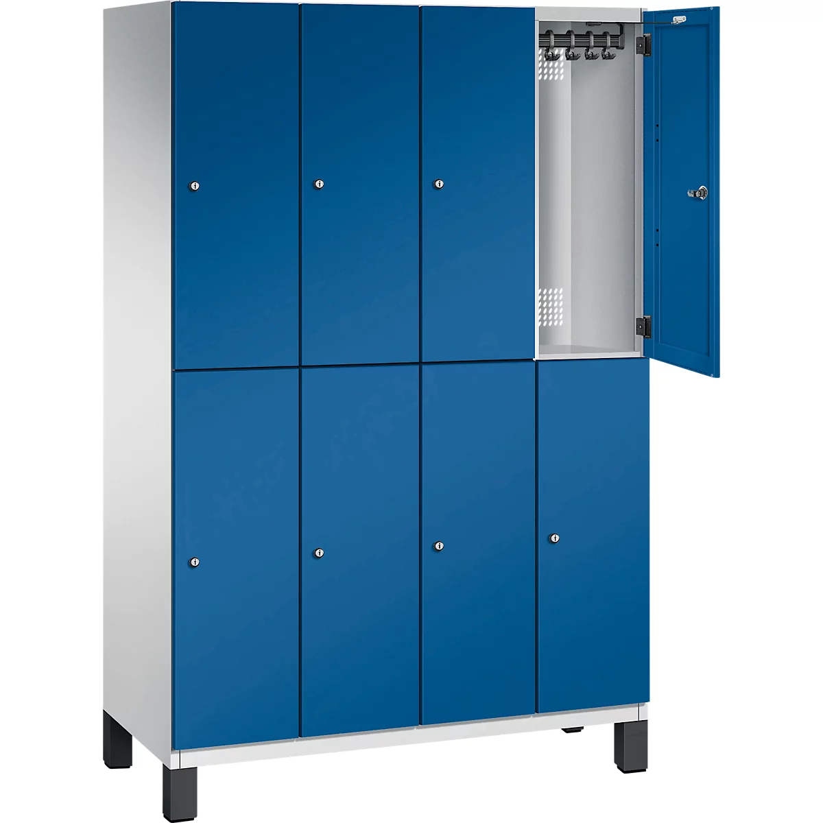 Un casier, avec des portes bleues, une porte est ouverte.