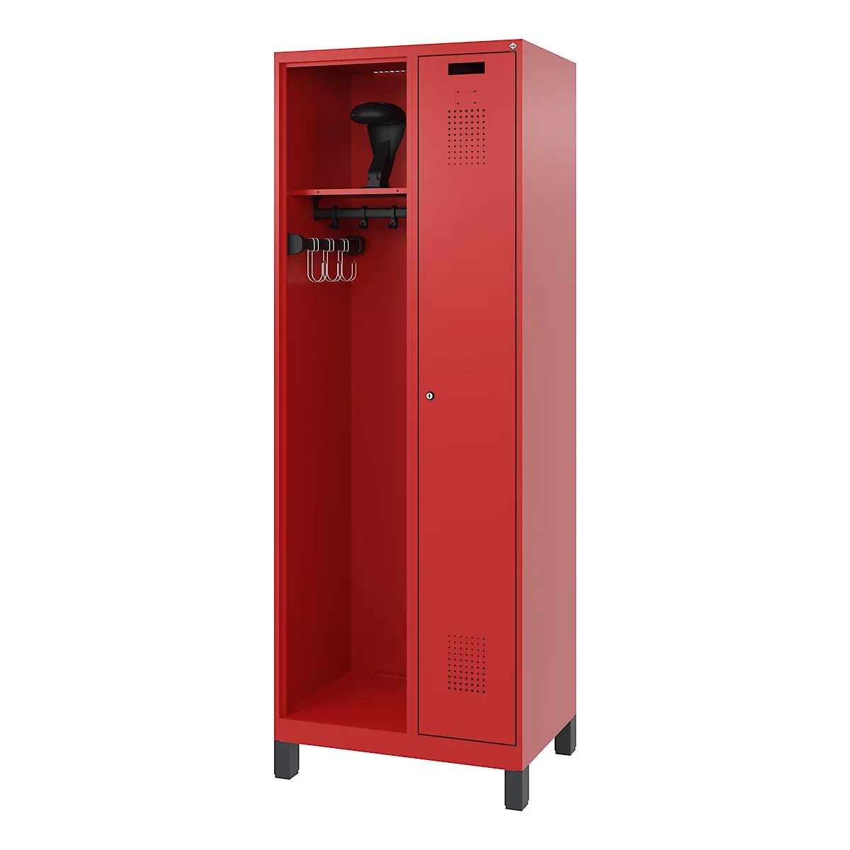 Vestiaire de pompiers C+P Evolo Kombi, 2 compartiments pour 1 personne, avec porte-casque, pieds, L 700 x P 500 x H 1950 mm, RAL 3000 rouge feu/RAL 7021 gris noir