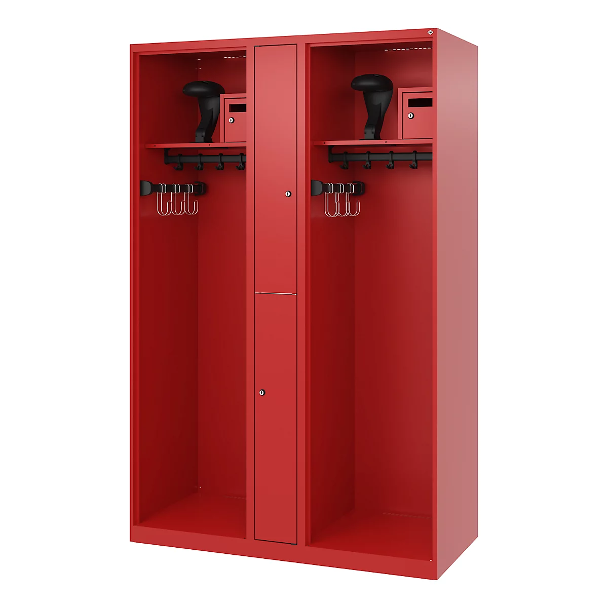 Vestiaire de pompiers C+P Evolo Maxi, 4 compartiments pour 2 personnes, avec porte-casque, patins de sol, L 1200 x P 500 x H 1850 mm, RAL 3000 rouge feu