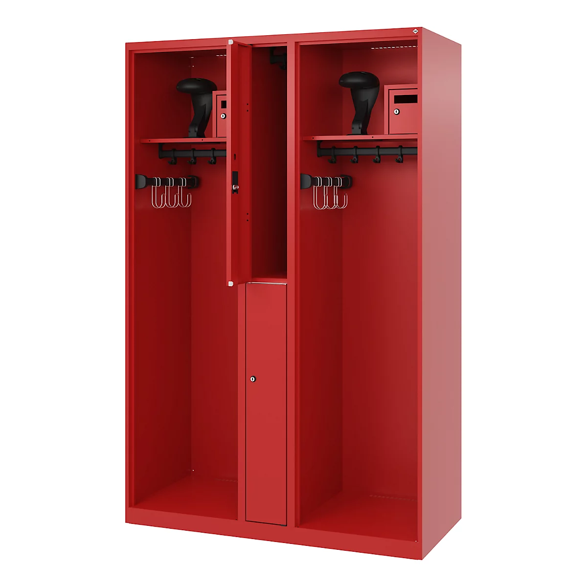 Vestiaire de pompiers C+P Evolo Maxi, 4 compartiments pour 2 personnes, avec porte-casque, patins de sol, L 1200 x P 500 x H 1850 mm, RAL 3000 rouge feu