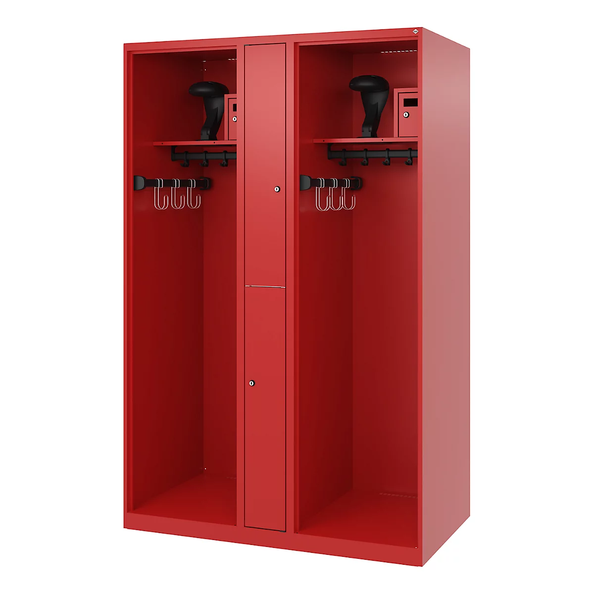 Vestiaire de pompiers C+P Evolo Maxi, 4 compartiments pour 2 personnes, avec porte-casque, patins de sol, L 1200 x P 500 x H 1850 mm, RAL 3000 rouge feu