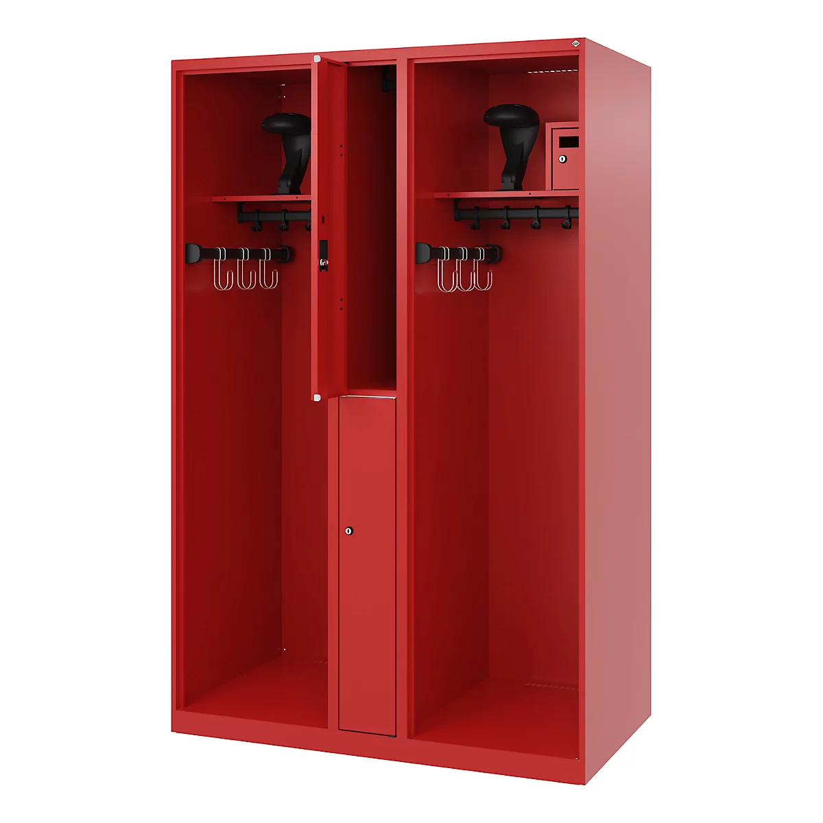 Vestiaire de pompiers C+P Evolo Maxi, 4 compartiments pour 2 personnes, avec porte-casque, patins de sol, L 1200 x P 500 x H 1850 mm, RAL 3000 rouge feu