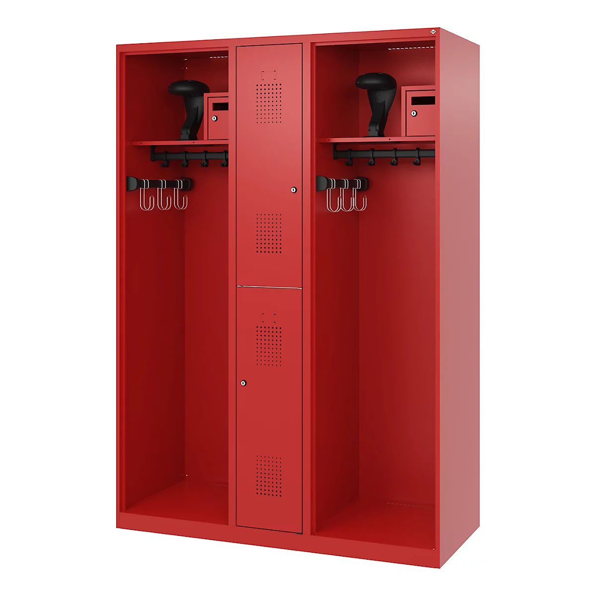 Vestiaire de pompiers C+P Evolo Maxi, 4 compartiments pour 2 personnes, avec porte-casque, patins de sol, L 1300 x P 500 x H 1850 mm, RAL 3000 rouge feu