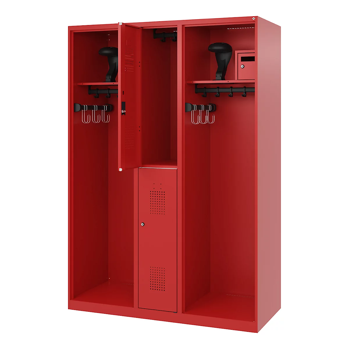 Vestiaire de pompiers C+P Evolo Maxi, 4 compartiments pour 2 personnes, avec porte-casque, patins de sol, L 1300 x P 500 x H 1850 mm, RAL 3000 rouge feu
