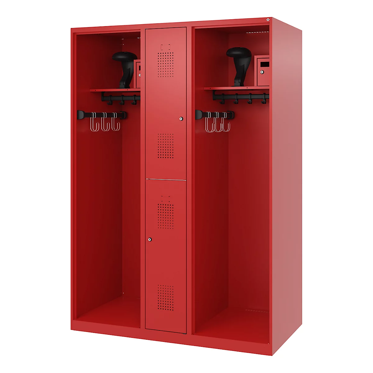 Vestiaire de pompiers C+P Evolo Maxi, 4 compartiments pour 2 personnes, avec porte-casque, patins de sol, L 1300 x P 600 x H 1850 mm, RAL 3000 rouge feu