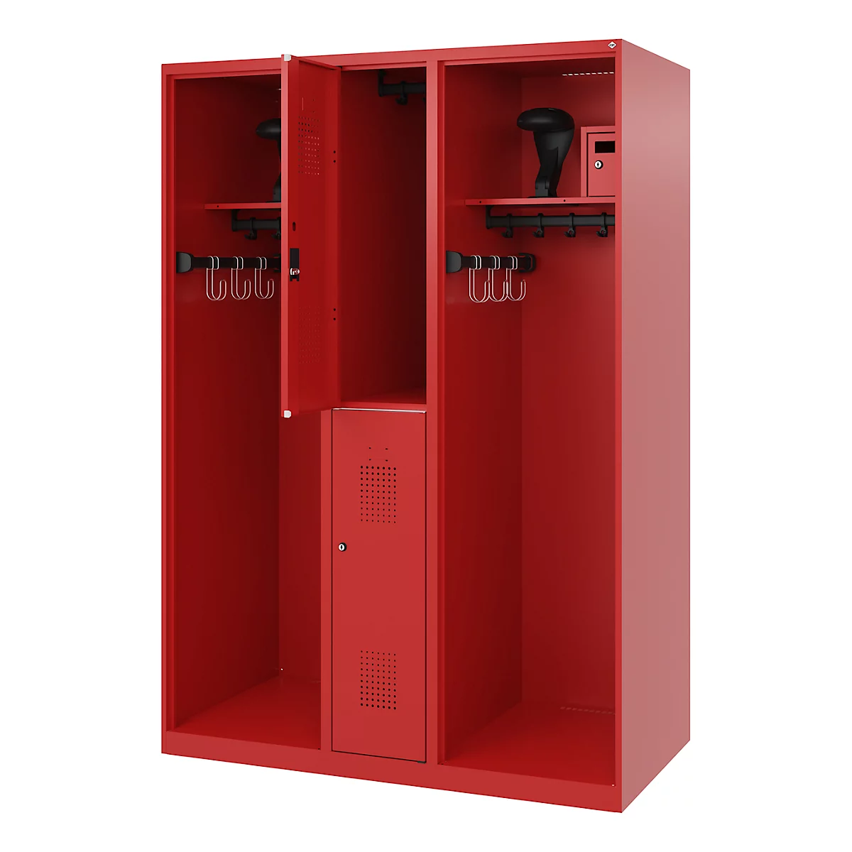Vestiaire de pompiers C+P Evolo Maxi, 4 compartiments pour 2 personnes, avec porte-casque, patins de sol, L 1300 x P 600 x H 1850 mm, RAL 3000 rouge feu