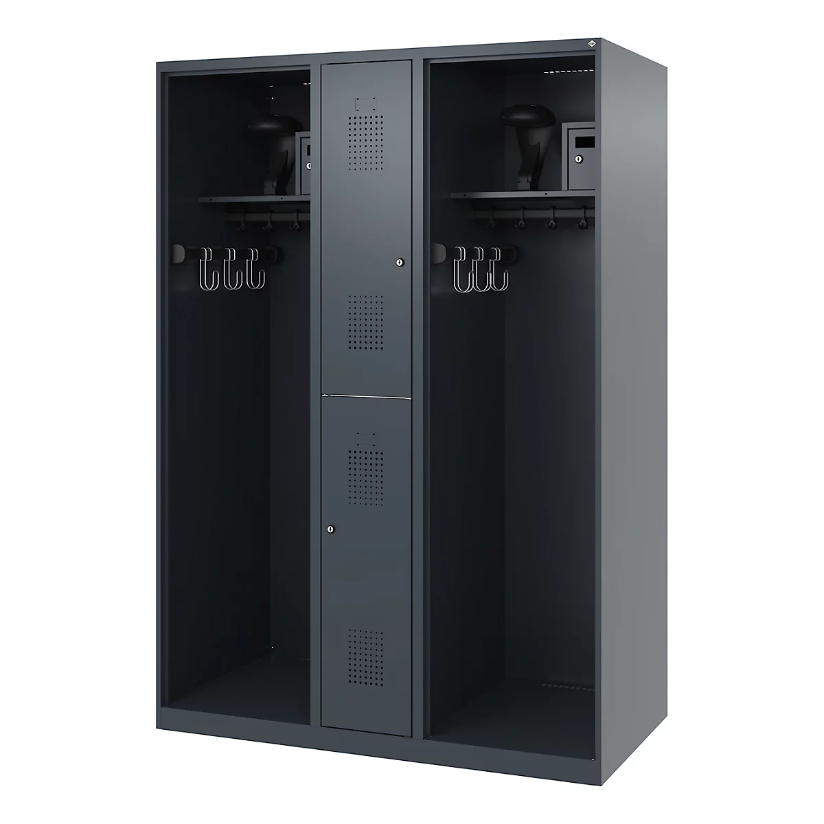 Vestiaire de pompiers C+P Evolo Maxi, 4 compartiments pour 2 personnes, avec porte-casque, patins de sol, L 1300 x P 600 x H 1850 mm, RAL 7016 gris anthracite