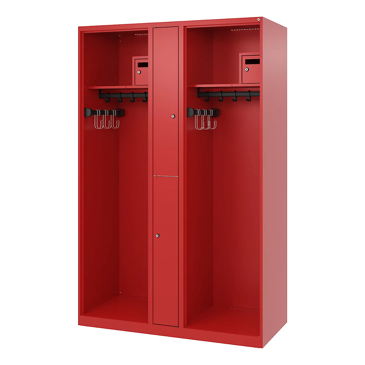 Vestiaire de pompiers C+P Evolo Maxi, 4 compartiments pour 2 personnes, sans porte-casque, patins au sol, L 1200 x P 500 x H 1850 mm, RAL 3000 rouge feu