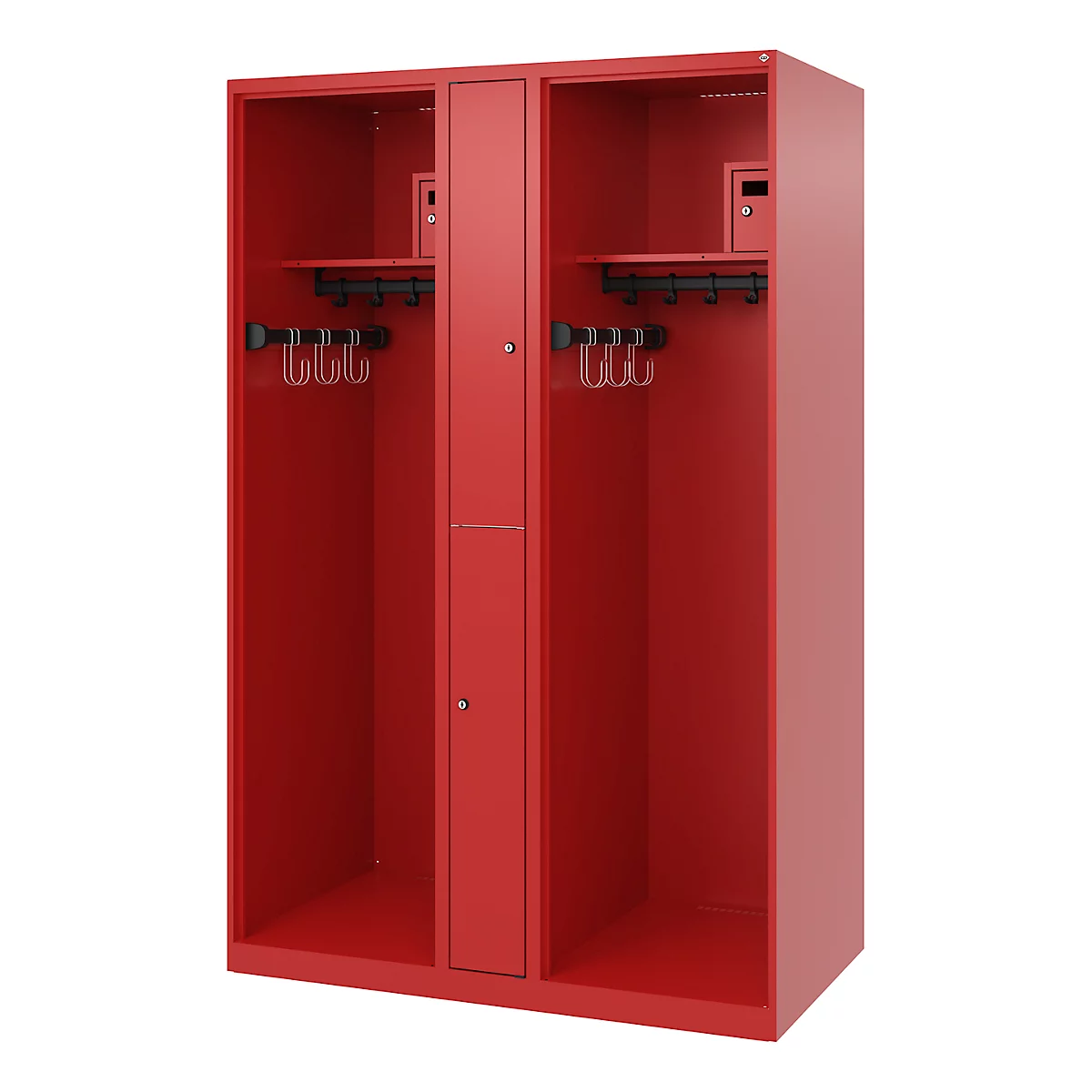 Vestiaire de pompiers C+P Evolo Maxi, 4 compartiments pour 2 personnes, sans porte-casque, patins au sol, L 1200 x P 500 x H 1850 mm, RAL 3000 rouge feu