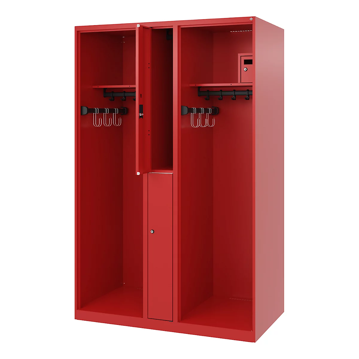 Vestiaire de pompiers C+P Evolo Maxi, 4 compartiments pour 2 personnes, sans porte-casque, patins au sol, L 1200 x P 500 x H 1850 mm, RAL 3000 rouge feu