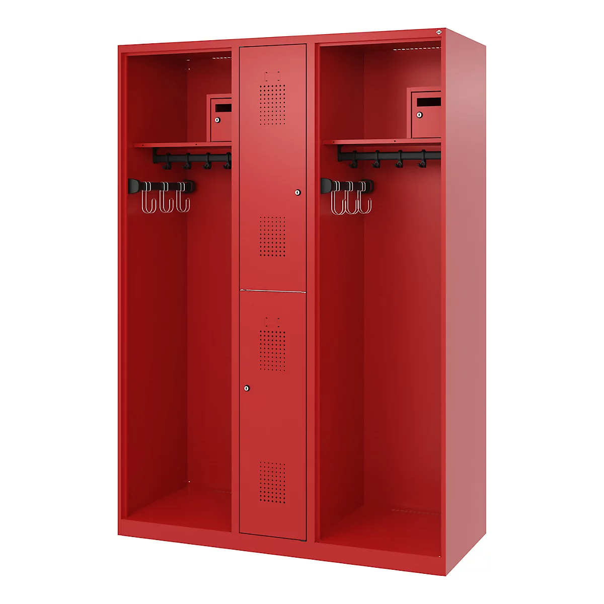 Vestiaire de pompiers C+P Evolo Maxi, 4 compartiments pour 2 personnes, sans porte-casque, patins de sol, L 1300 x P 500 x H 1850 mm, RAL 3000 rouge feu
