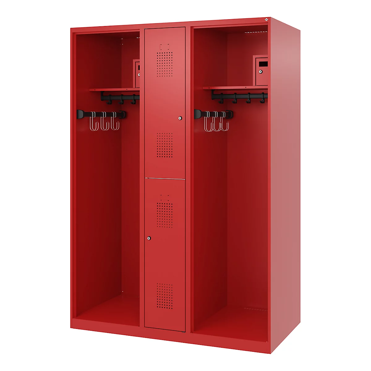 Vestiaire de pompiers C+P Evolo Maxi, 4 compartiments pour 2 personnes, sans porte-casque, patins de sol, L 1300 x P 600 x H 1850 mm, RAL 3000 rouge feu