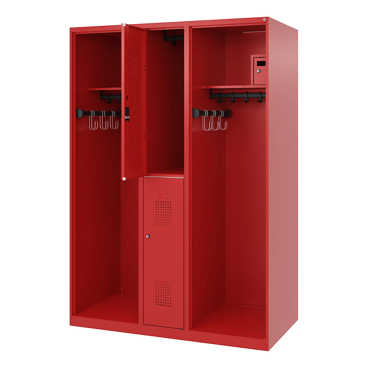 Vestiaire de pompiers C+P Evolo Maxi, 4 compartiments pour 2 personnes, sans porte-casque, patins de sol, L 1300 x P 600 x H 1850 mm, RAL 3000 rouge feu
