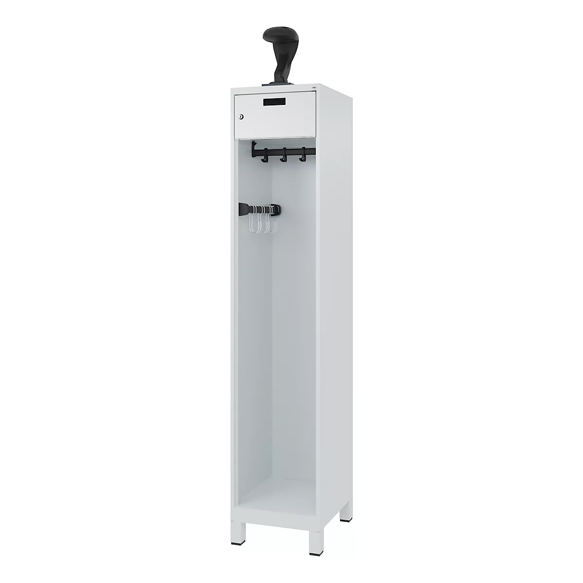 Vestiaire de pompiers C+P Evolo, modèle PRAKTUS, 1 compartiment, H 1950 x L 400 x P 500 mm, pieds, gris clair RAL 7035