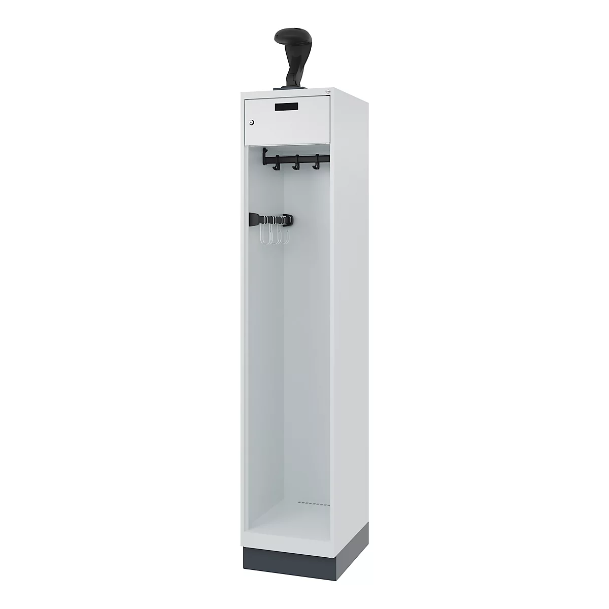 Vestiaire de pompiers C+P Evolo, modèle PRAKTUS, 1 compartiment, H 1950 x L 400 x P 500 mm, socle, gris clair RAL 7035
