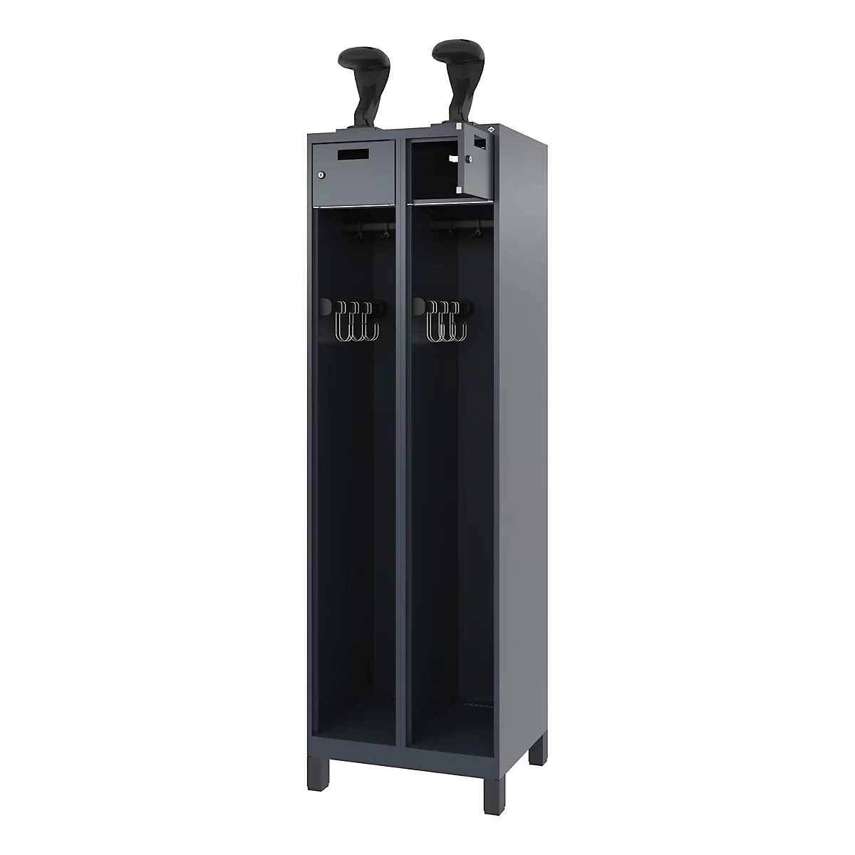 Vestiaire de pompiers C+P Evolo, modèle PRAKTUS, 2 compartiments, H 1950 x L 600 x P 500 mm, pieds, gris anthracite RAL 7016