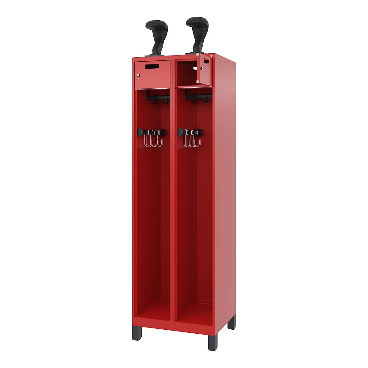 Vestiaire de pompiers C+P Evolo, modèle PRAKTUS, 2 compartiments, H 1950 x L 600 x P 500 mm, pieds, rouge feu RAL 3000