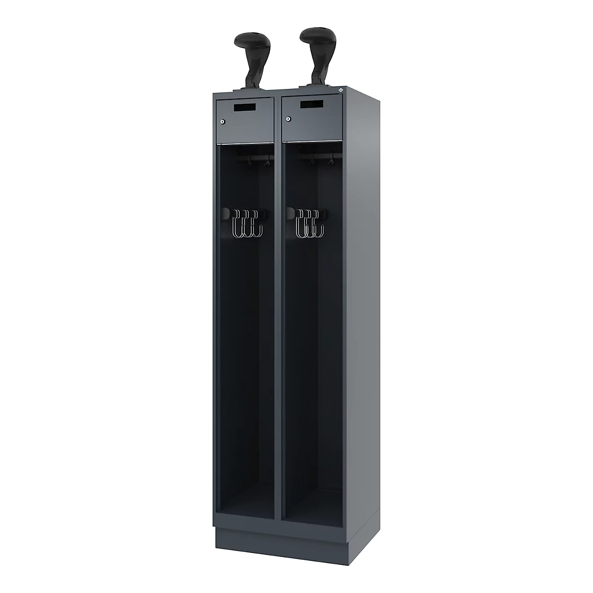 Vestiaire de pompiers C+P Evolo, modèle PRAKTUS, 2 compartiments, H 1950 x L 600 x P 500 mm, socle, gris anthracite RAL 7016
