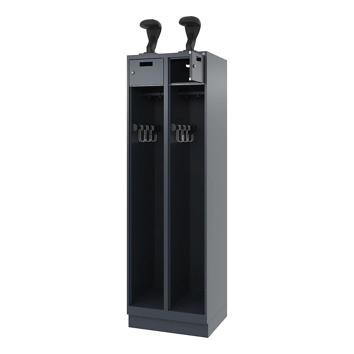 Vestiaire de pompiers C+P Evolo, modèle PRAKTUS, 2 compartiments, H 1950 x L 600 x P 500 mm, socle, gris anthracite RAL 7016