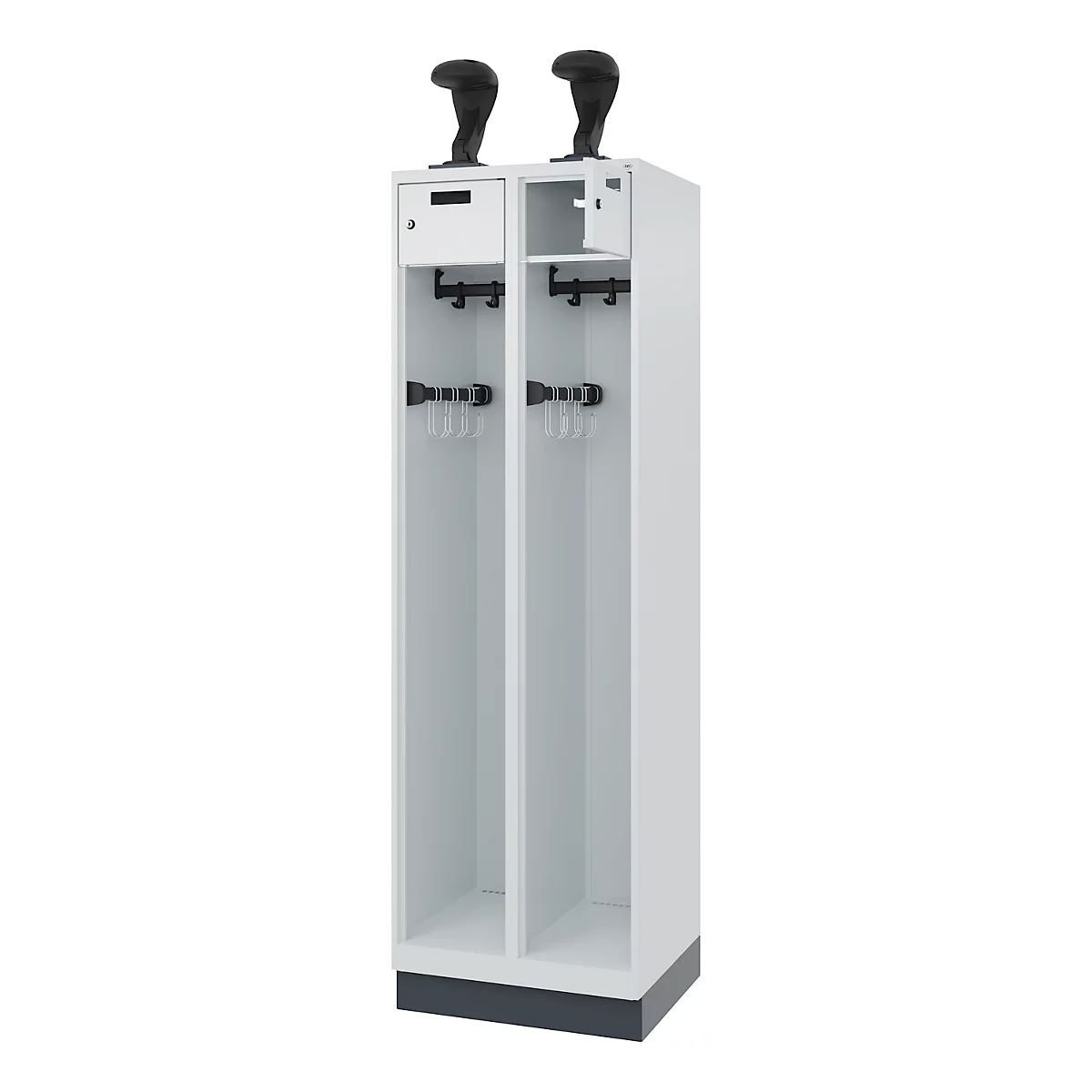Vestiaire de pompiers C+P Evolo, modèle PRAKTUS, 2 compartiments, H 1950 x L 600 x P 500 mm, socle, gris clair RAL 7035