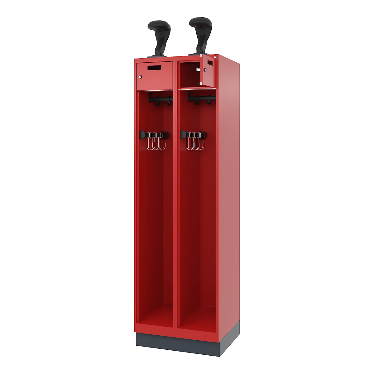 Vestiaire de pompiers C+P Evolo, modèle PRAKTUS, 2 compartiments, H 1950 x L 600 x P 500 mm, socle, rouge feu RAL 3000