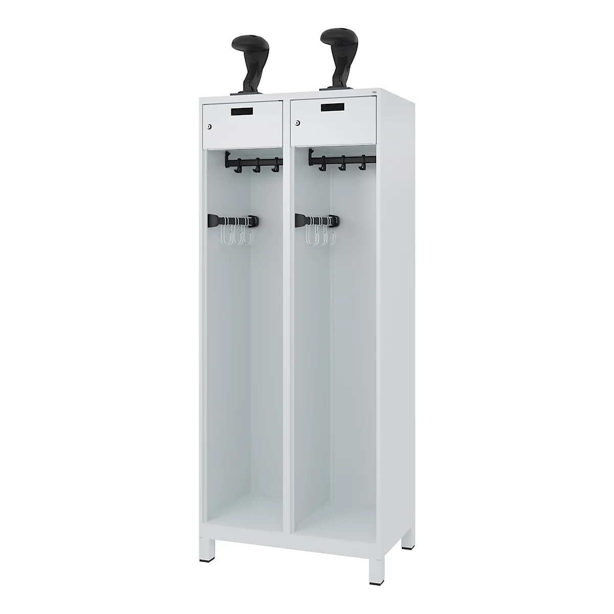 Vestiaire de pompiers C+P Evolo, modèle PRAKTUS, 2 compartiments, H 1950 x L 800 x P 500 mm, pieds, gris clair RAL 7035