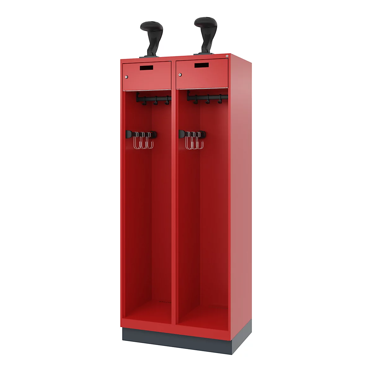 Vestiaire de pompiers C+P Evolo, modèle PRAKTUS, 2 compartiments, H 1950 x L 800 x P 500 mm, socle, rouge feu RAL 3000