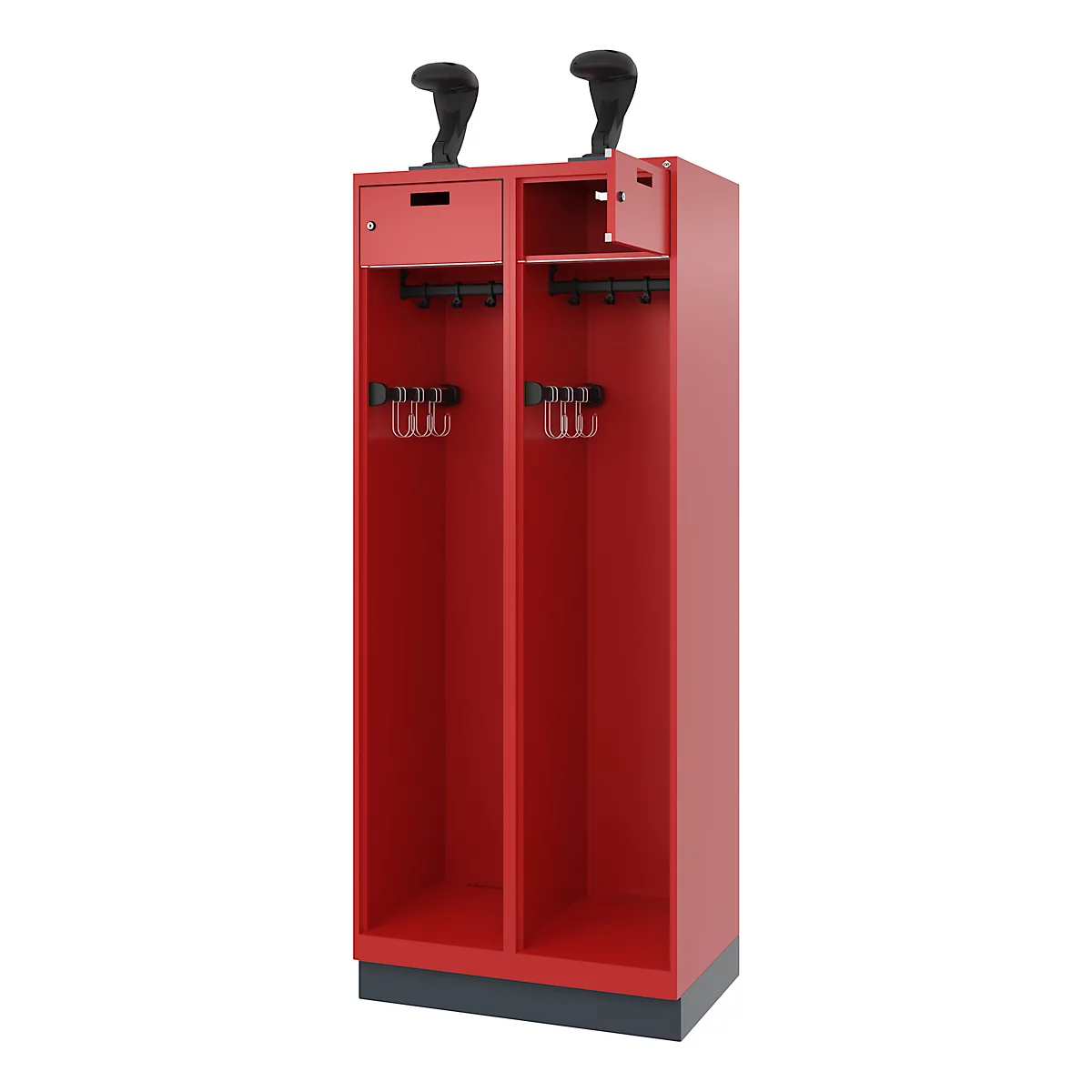 Vestiaire de pompiers C+P Evolo, modèle PRAKTUS, 2 compartiments, H 1950 x L 800 x P 500 mm, socle, rouge feu RAL 3000