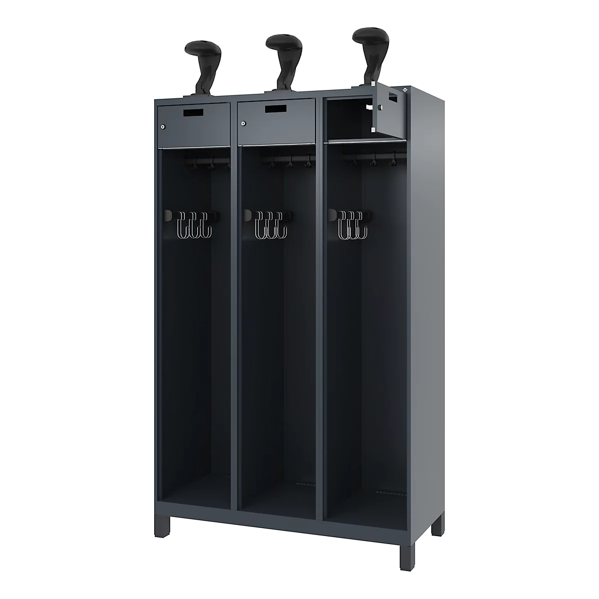 Vestiaire de pompiers C+P Evolo, modèle PRAKTUS, 3 compartiments, H 1850 x L 1200 x P 500 mm Pieds, gris anthracite