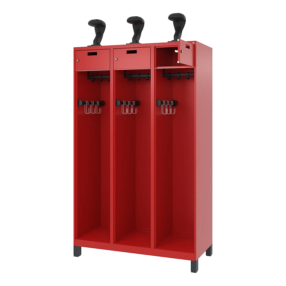 Vestiaire de pompiers C+P Evolo, modèle PRAKTUS, 3 compartiments, H 1850 x L 1200 x P 500 mm pieds, rouge feu