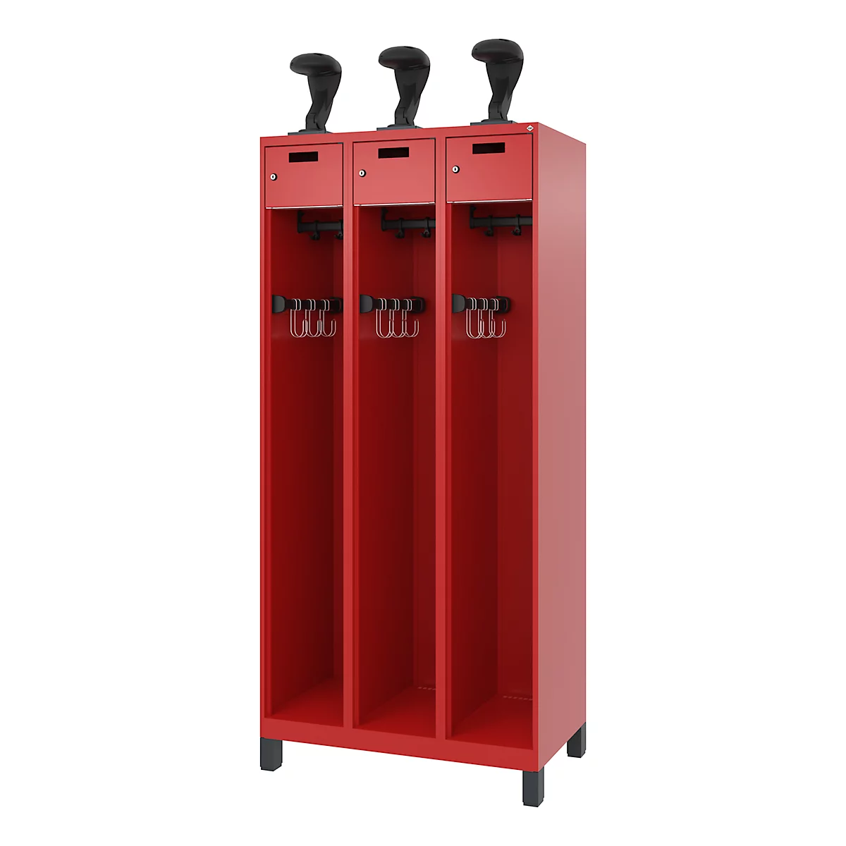 Vestiaire de pompiers C+P Evolo, modèle PRAKTUS, 3 compartiments, H 1850 x L 900 x P 500 mm, pieds, rouge feu
