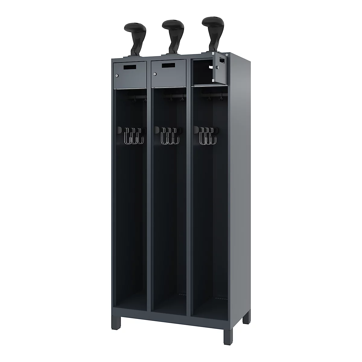 Vestiaire de pompiers C+P Evolo, modèle PRAKTUS, 3 compartiments, H 1950 x L 900 x P 500 mm, pieds, gris anthracite RAL 7016