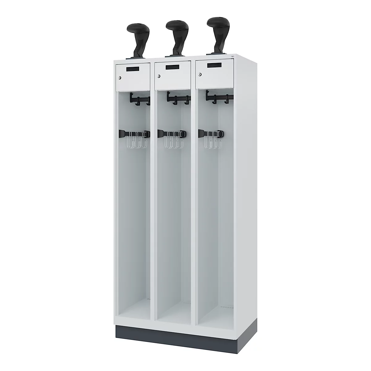Vestiaire de pompiers C+P Evolo, modèle PRAKTUS, 3 compartiments, H 1950 x L 900 x P 500 mm, socle, gris clair RAL 7035