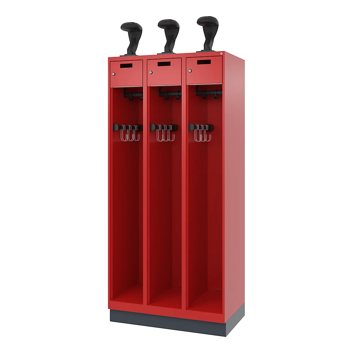 Vestiaire de pompiers C+P Evolo, modèle PRAKTUS, 3 compartiments, H 1950 x L 900 x P 500 mm, socle, rouge feu RAL 3000