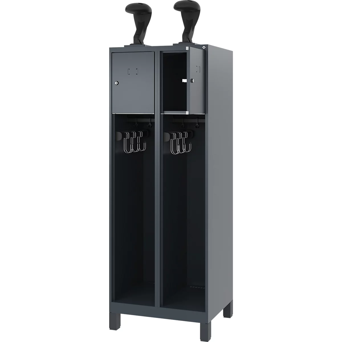 Vestiaire de pompiers C+P Evolo, modèle YOUNGSTER, 2 compartiments, H 1630 x L 600 x P 500 mm, pieds, gris anthracite RAL 7016