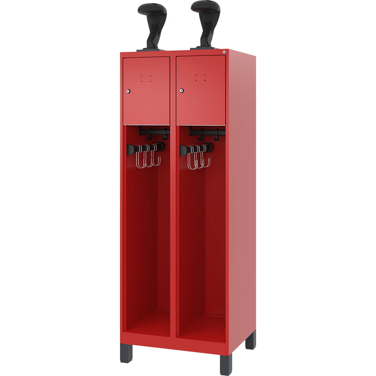 Vestiaire de pompiers C+P Evolo, modèle YOUNGSTER, 2 compartiments, H 1630 x L 600 x P 500 mm, pieds, rouge feu RAL 3000