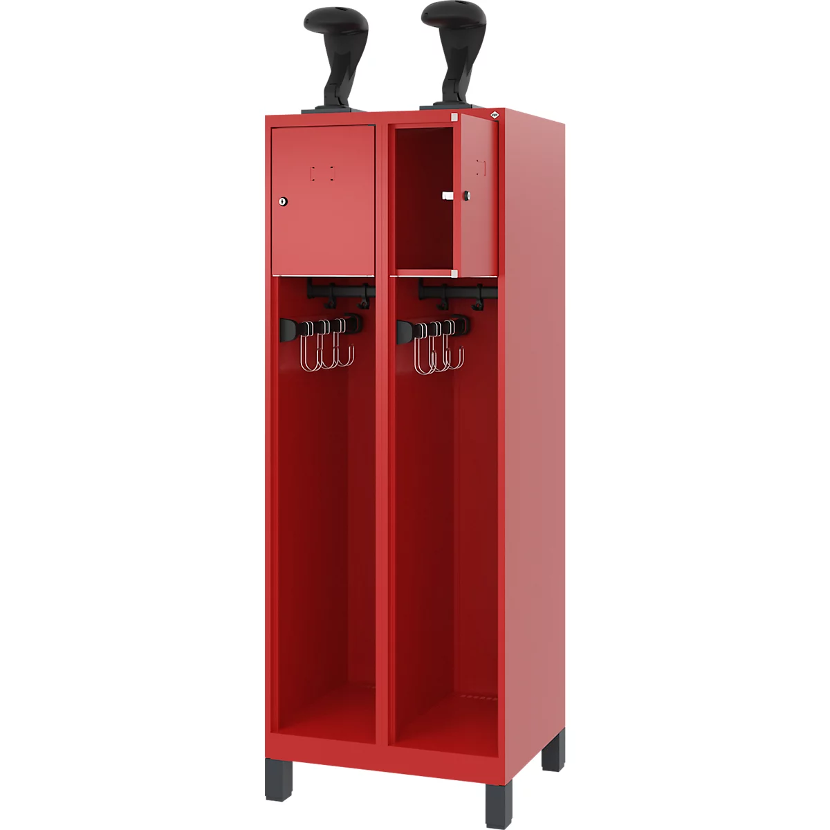 Vestiaire de pompiers C+P Evolo, modèle YOUNGSTER, 2 compartiments, H 1630 x L 600 x P 500 mm, pieds, rouge feu RAL 3000