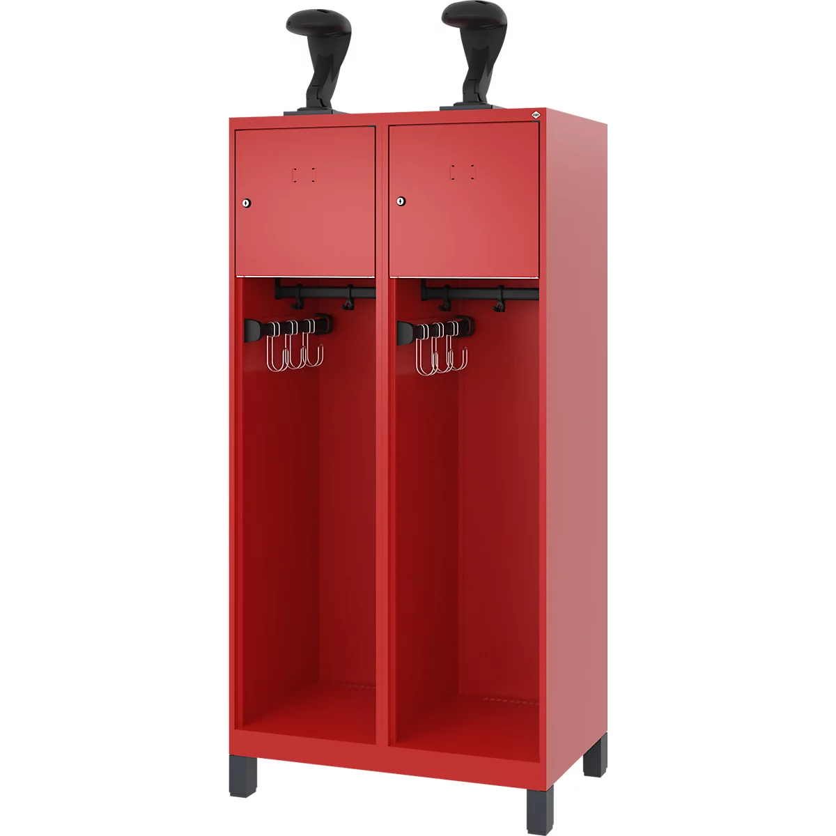 Vestiaire de pompiers C+P Evolo, modèle YOUNGSTER, 2 compartiments, H 1630 x L 800 x P 500 mm, pieds, rouge feu RAL 3000