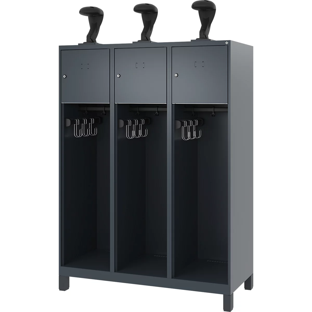Vestiaire de pompiers C+P Evolo, modèle YOUNGSTER, 3 compartiments, H 1630 x L 1200 x P 500 mm, pieds, gris anthracite RAL 7016