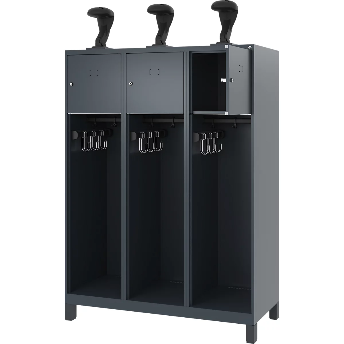 Vestiaire de pompiers C+P Evolo, modèle YOUNGSTER, 3 compartiments, H 1630 x L 1200 x P 500 mm, pieds, gris anthracite RAL 7016