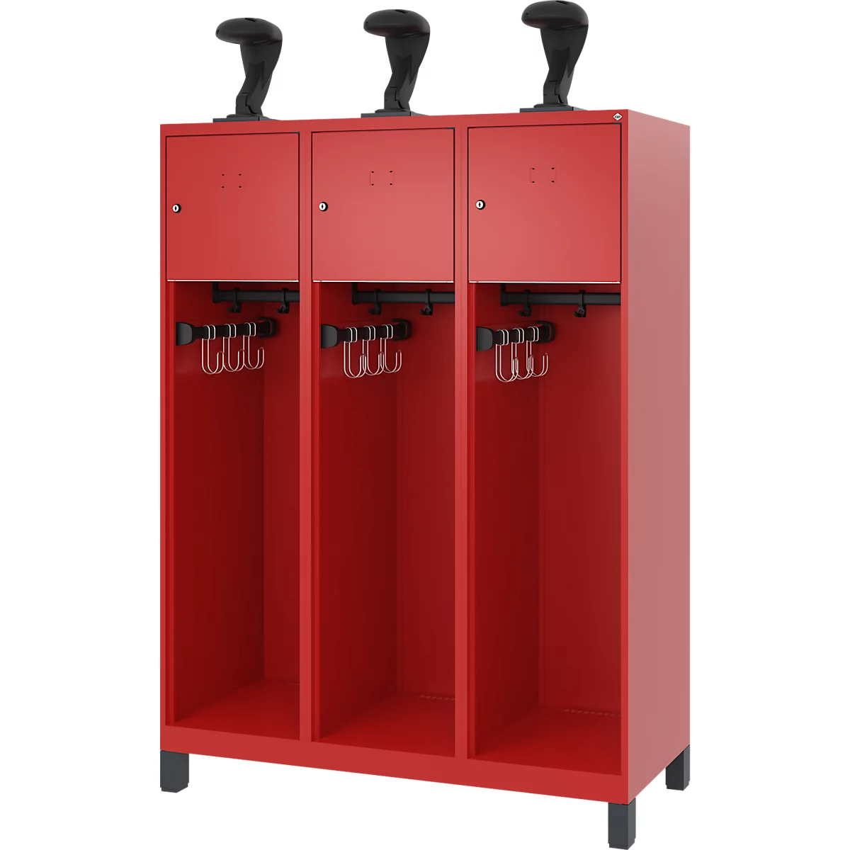 Vestiaire de pompiers C+P Evolo, modèle YOUNGSTER, 3 compartiments, H 1630 x L 1200 x P 500 mm, pieds, rouge feu RAL 3000