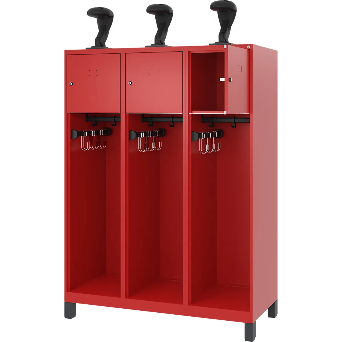 Vestiaire de pompiers C+P Evolo, modèle YOUNGSTER, 3 compartiments, H 1630 x L 1200 x P 500 mm, pieds, rouge feu RAL 3000