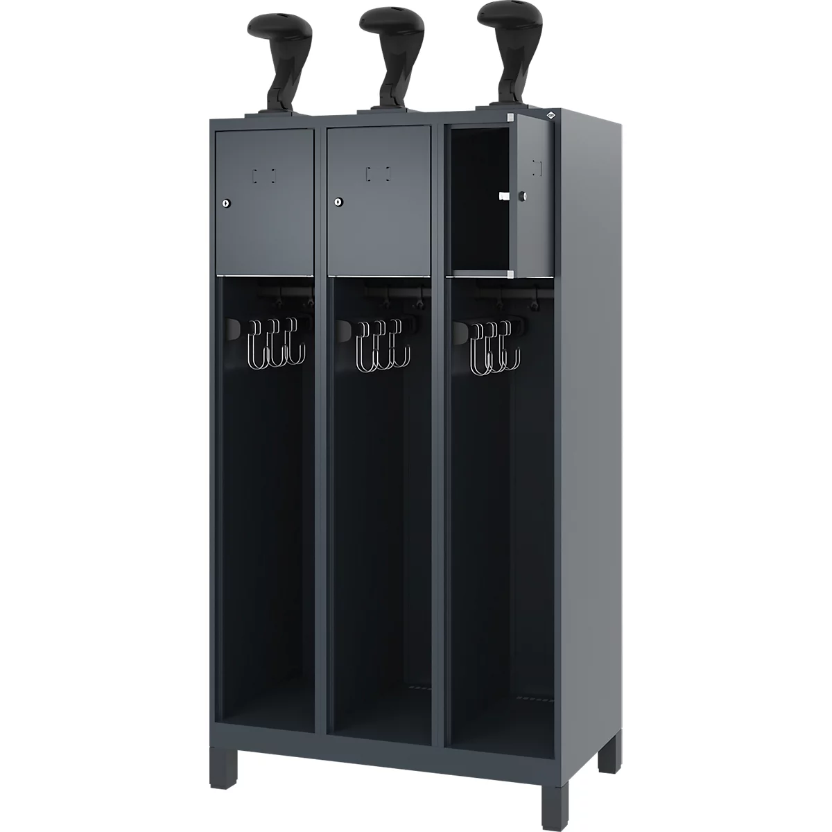 Vestiaire de pompiers C+P Evolo, modèle YOUNGSTER, 3 compartiments, H 1630 x L 900 x P 500 mm, pieds, gris anthracite RAL 7061
