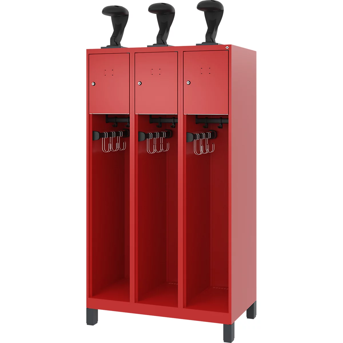 Vestiaire de pompiers C+P Evolo, modèle YOUNGSTER, 3 compartiments, H 1630 x L 900 x P 500 mm, pieds, rouge feu RAL 3000