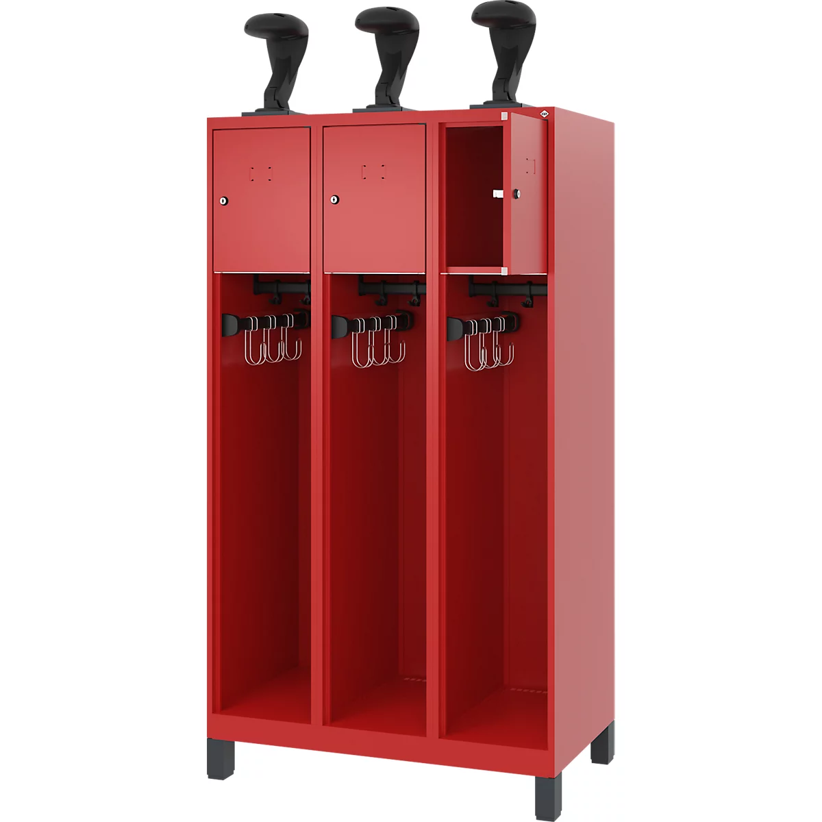 Vestiaire de pompiers C+P Evolo, modèle YOUNGSTER, 3 compartiments, H 1630 x L 900 x P 500 mm, pieds, rouge feu RAL 3000
