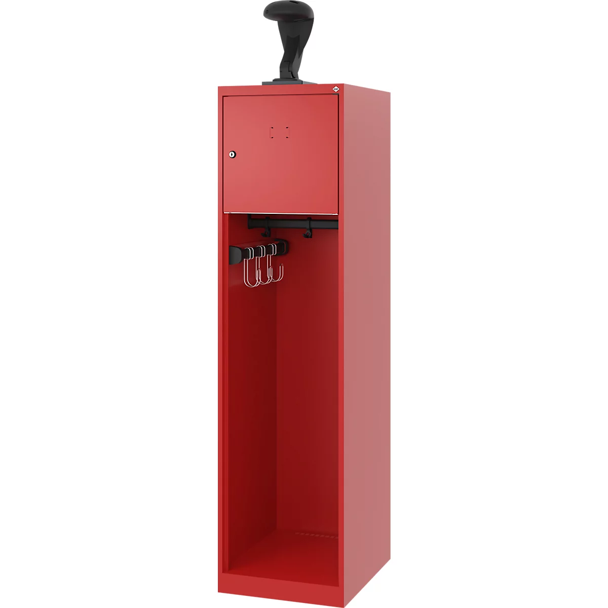 Vestiaire de pompiers C+P Evolo Youngster, 1 compartiment, avec porte-casque, patins de sol, L 400 x P 500 x H 1530 mm, RAL 3000 rouge feu