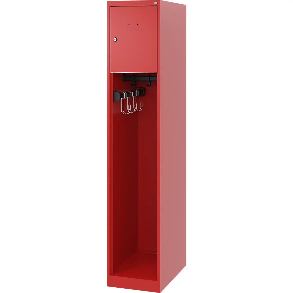 Vestiaire de pompiers C+P Evolo Youngster, 1 compartiment, sans porte-casque, patins de sol, L 300 x P 500 x H 1530 mm, RAL 3000 rouge feu