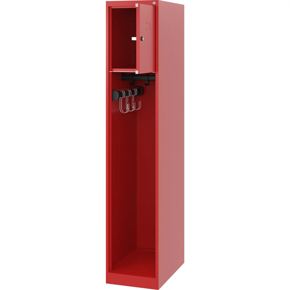 Vestiaire de pompiers C+P Evolo Youngster, 1 compartiment, sans porte-casque, patins de sol, L 300 x P 500 x H 1530 mm, RAL 3000 rouge feu