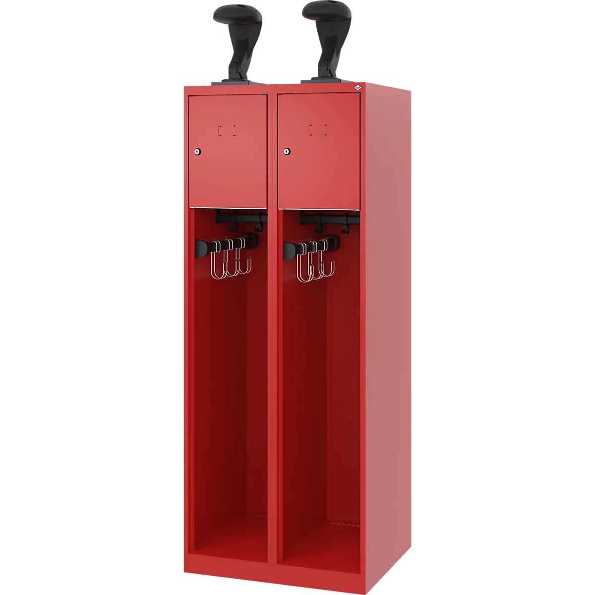 Vestiaire de pompiers C+P Evolo Youngster, 2 compartiments, avec porte-casque, patins de sol, L 600 x P 500 x H 1530 mm, RAL 3000 rouge feu